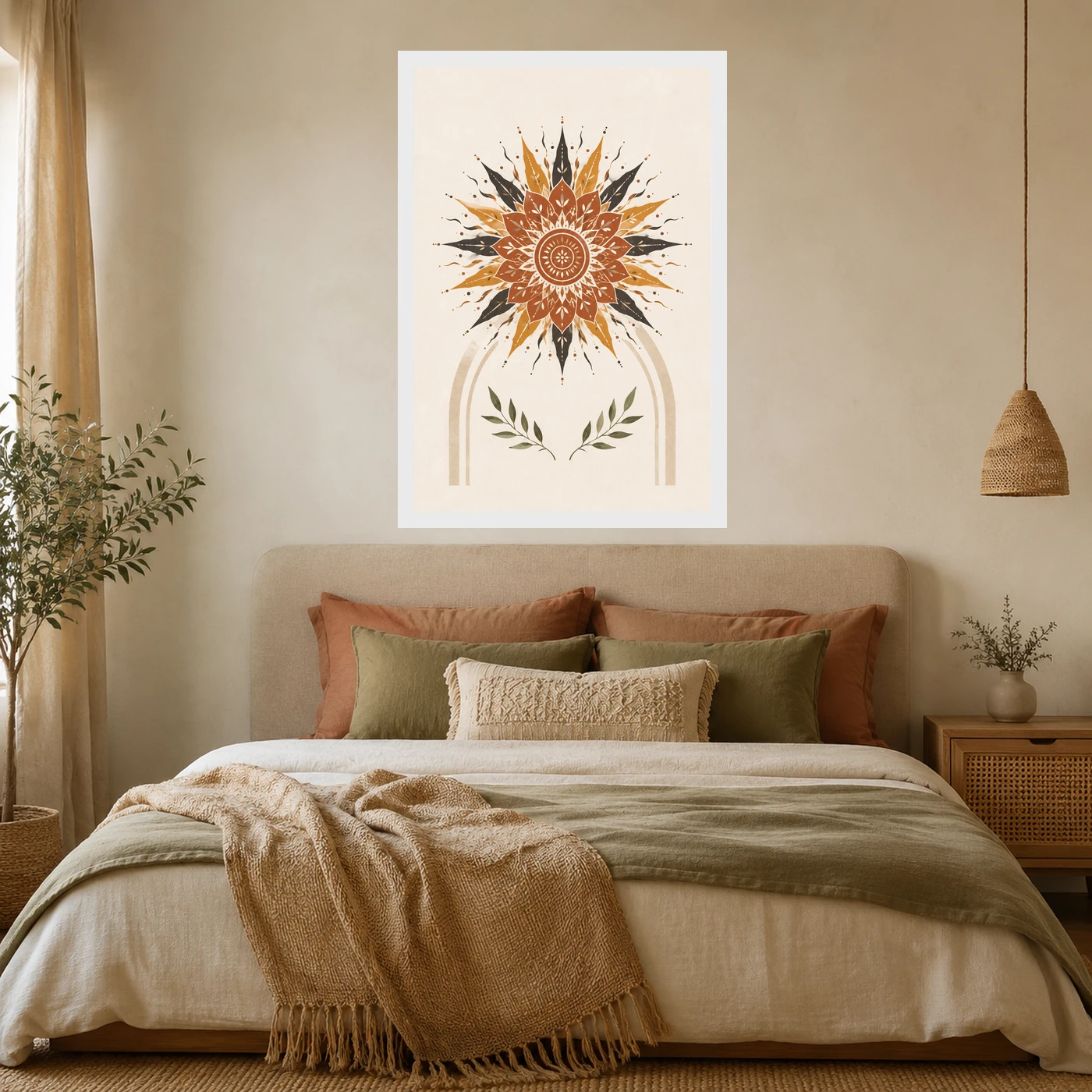 Boho Mandala Sun Golden Intricate Cream Wall Art Photo Frame, view 6
