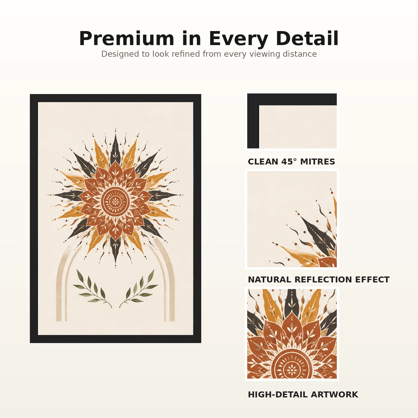 Boho Mandala Sun Golden Intricate Cream Wall Art Photo Frame, view 9
