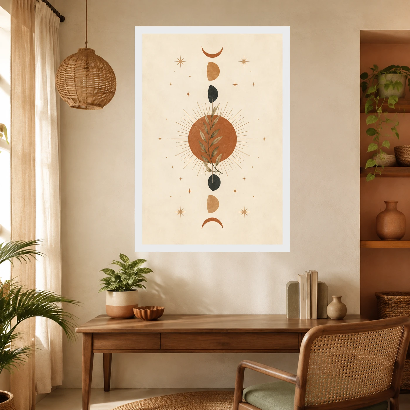Boho Moon Phases Crescent Stars Cream Gold Celestial Art Photo Frame, view 10