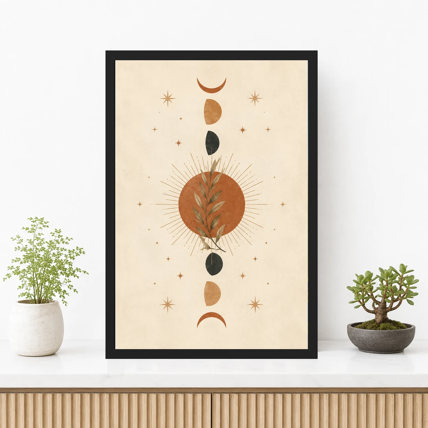 Boho Moon Phases Crescent Stars Cream Gold Celestial Art Photo Frame, view 3