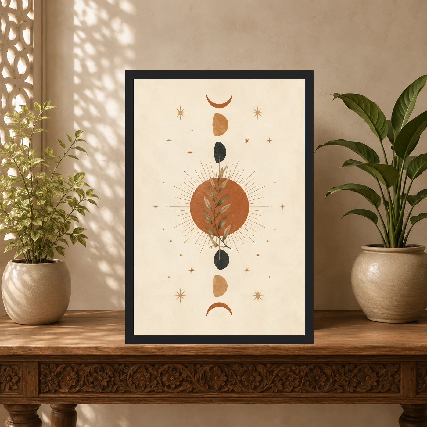 Boho Moon Phases Crescent Stars Cream Gold Celestial Art Photo Frame, view 5
