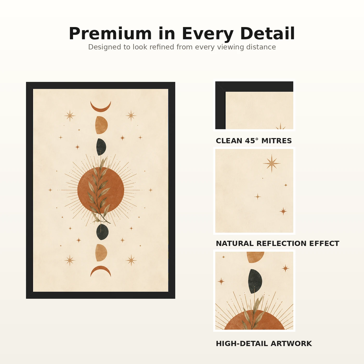 Boho Moon Phases Crescent Stars Cream Gold Celestial Art Photo Frame, view 9