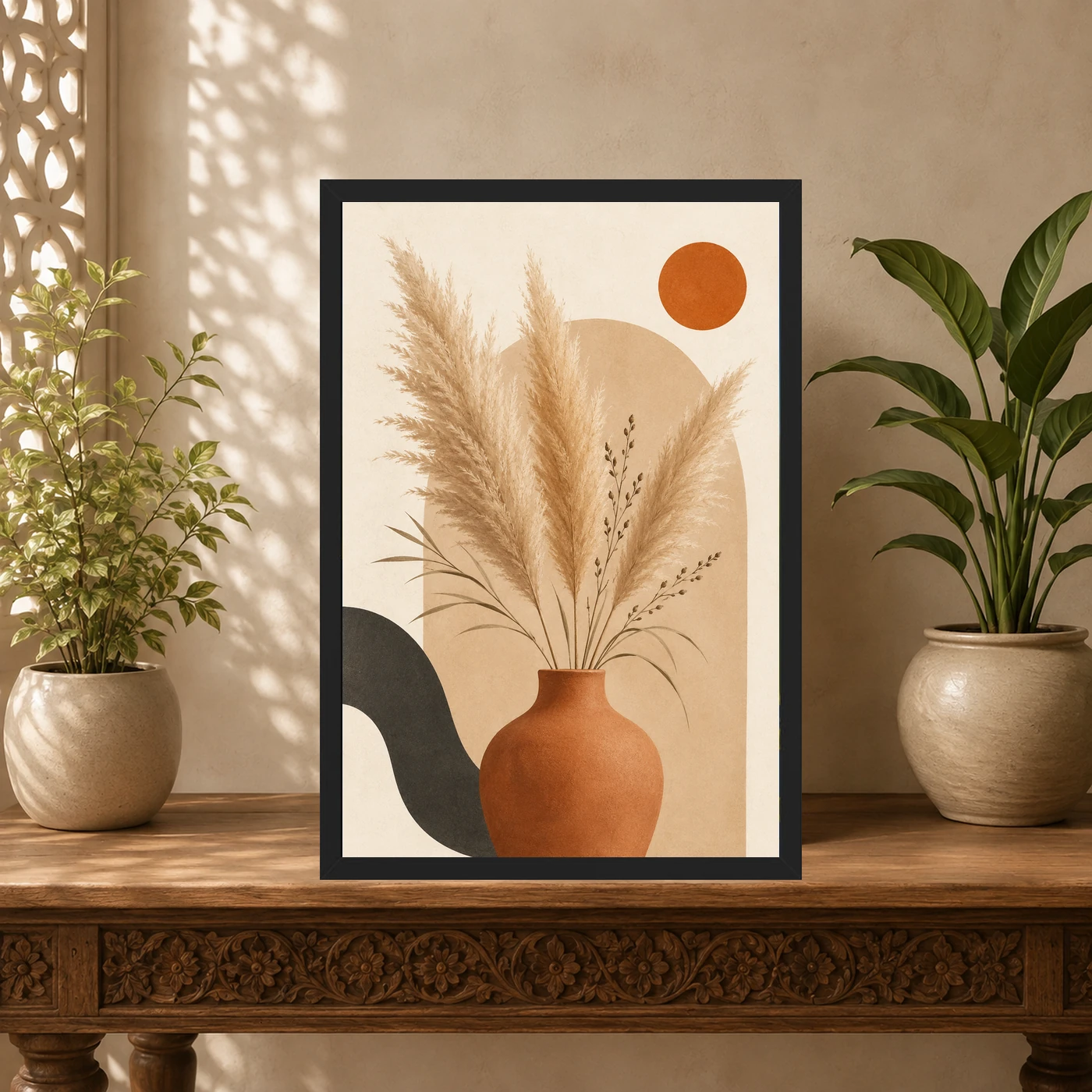 Boho Pampas Grass Dried Flowers Warm Sand Elegant Art Photo Frame, view 5