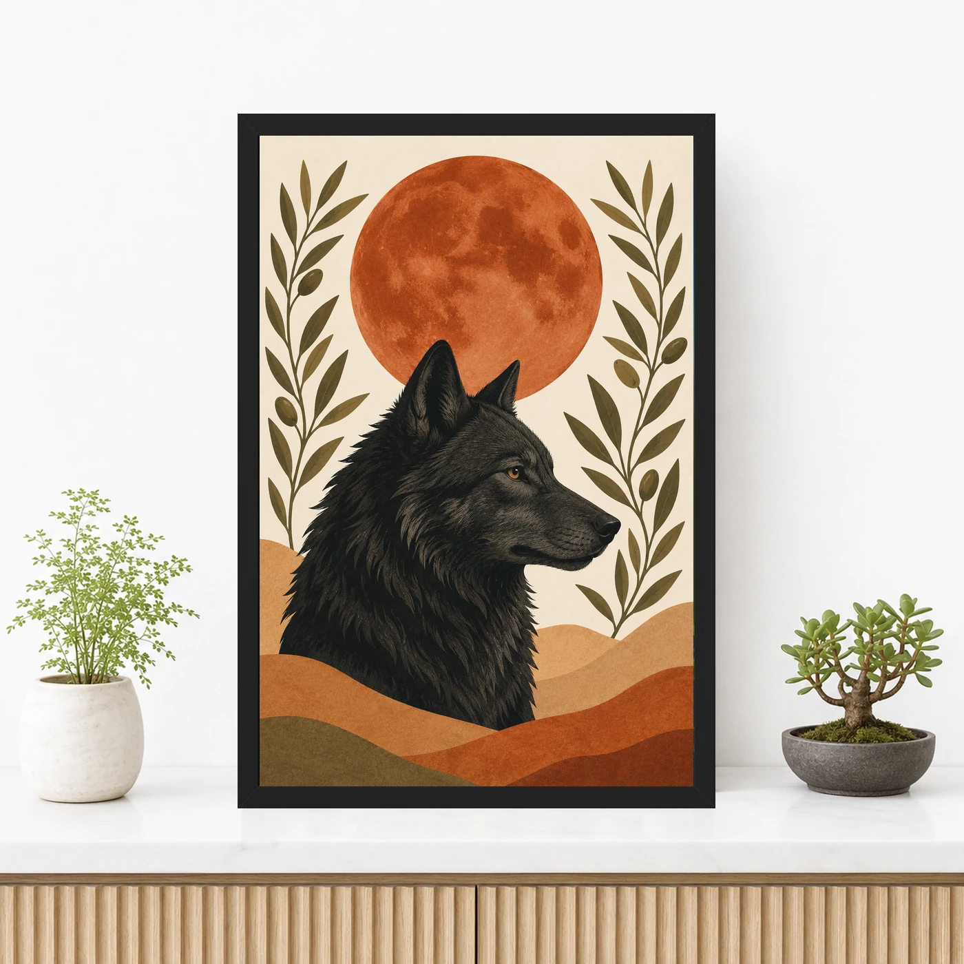 Boho Wolf Moon Spiritual Totem Earth Tones Sacred Art Photo Frame, view 3