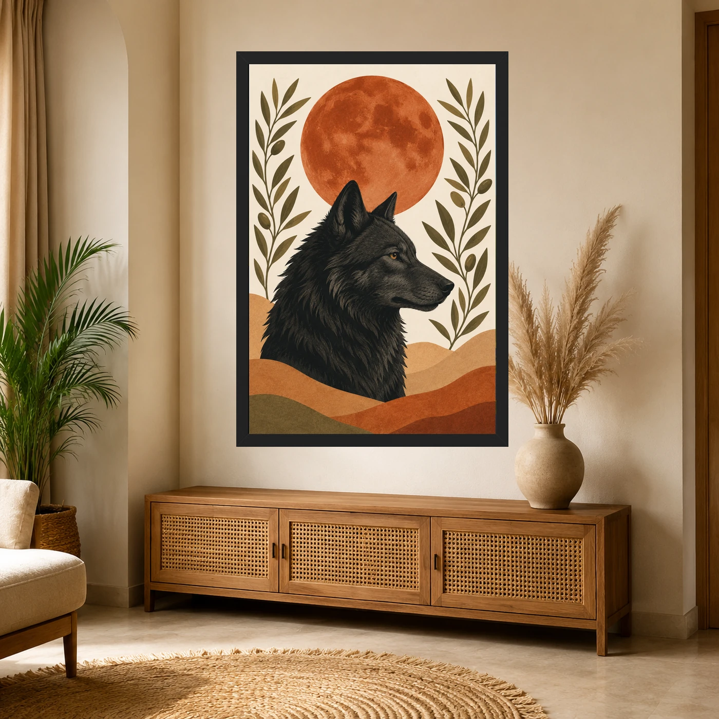 Boho Wolf Moon Spiritual Totem Earth Tones Sacred Art Photo Frame, view 4