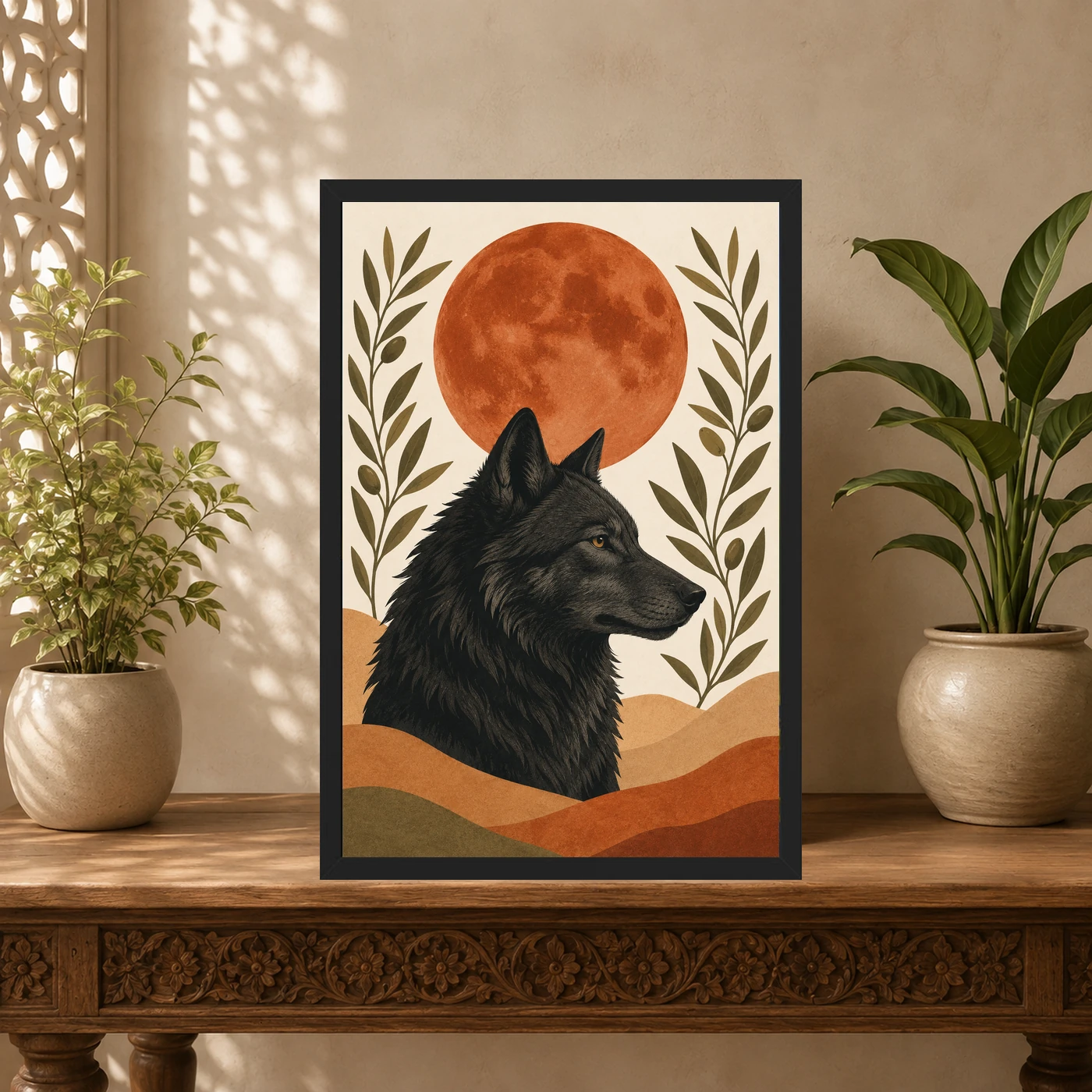 Boho Wolf Moon Spiritual Totem Earth Tones Sacred Art Photo Frame, view 5