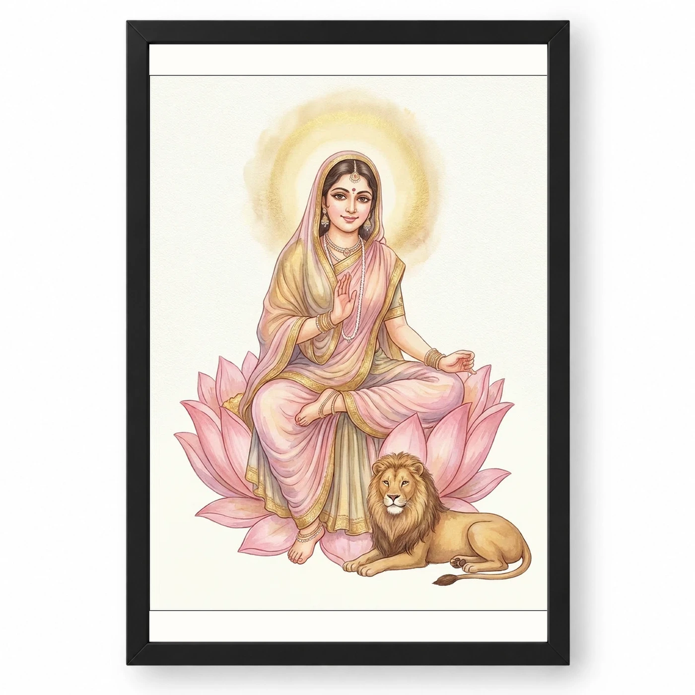 Durga Lotus Serene Motherly Pink Gold Devotional Art Photo Frame