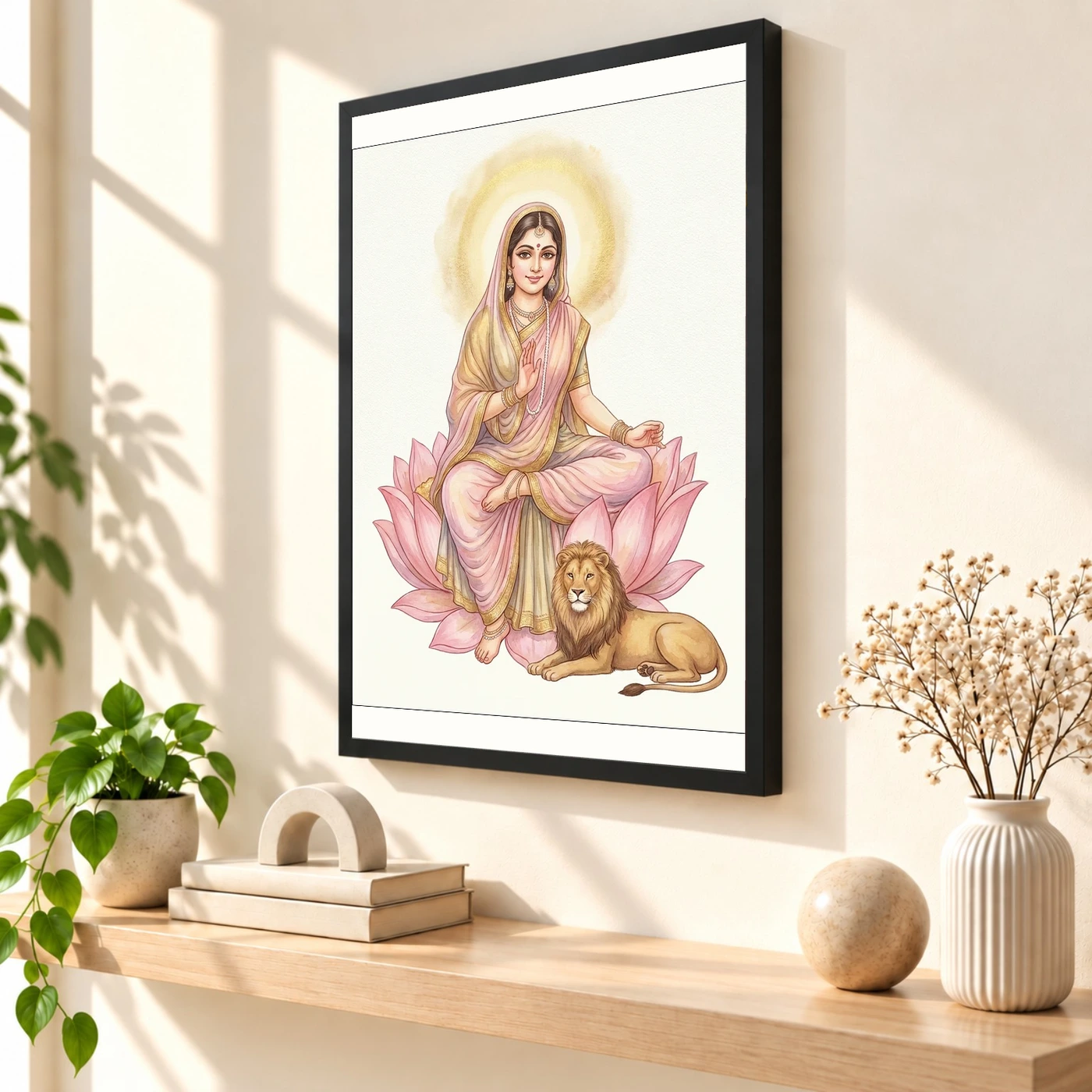 Durga Lotus Serene Motherly Pink Gold Devotional Art Photo Frame, view 2