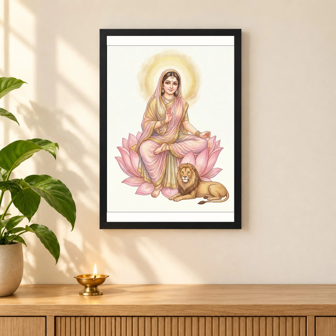 Durga Lotus Serene Motherly Pink Gold Devotional Art Photo Frame, view 3