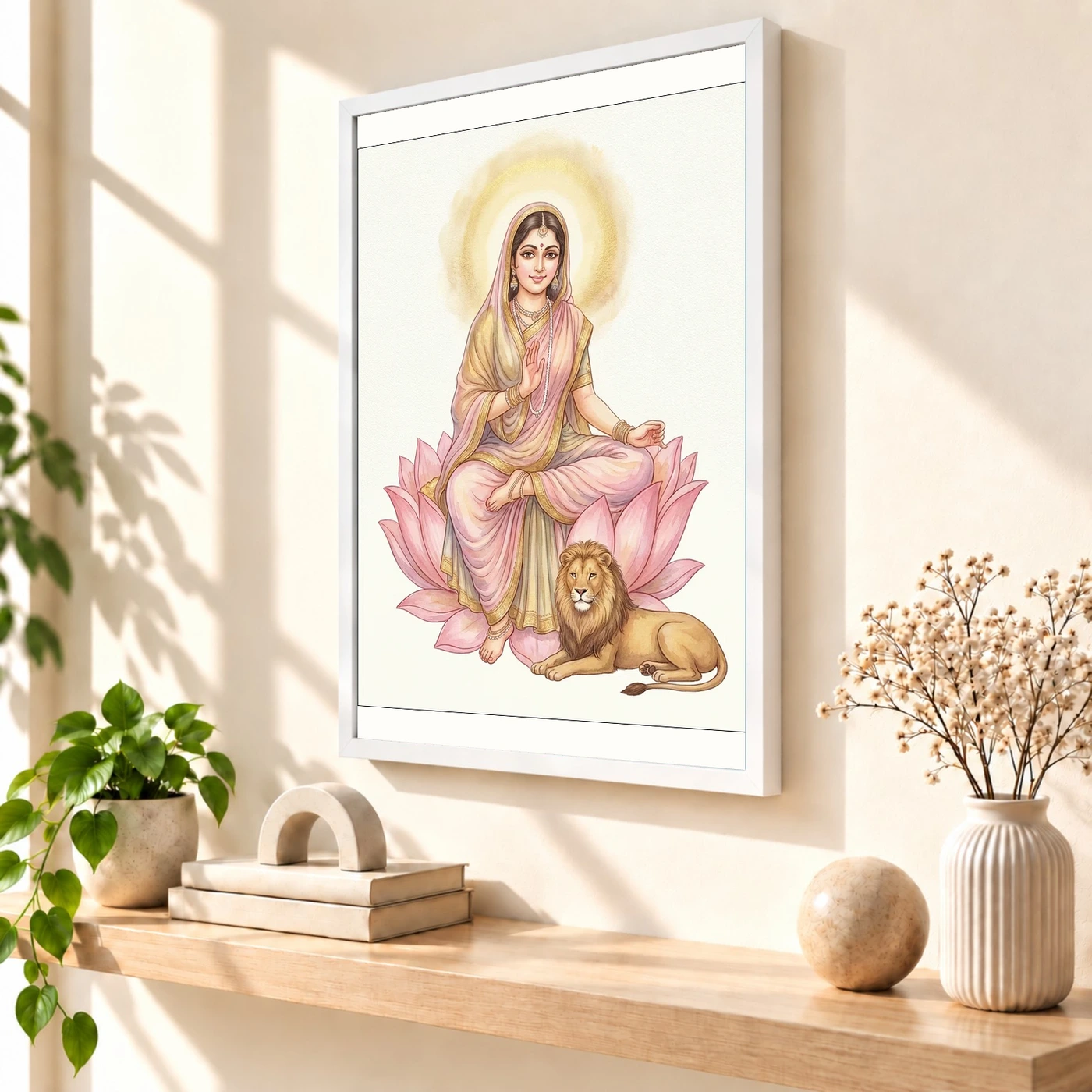 Durga Lotus Serene Motherly Pink Gold Devotional Art Photo Frame, view 7