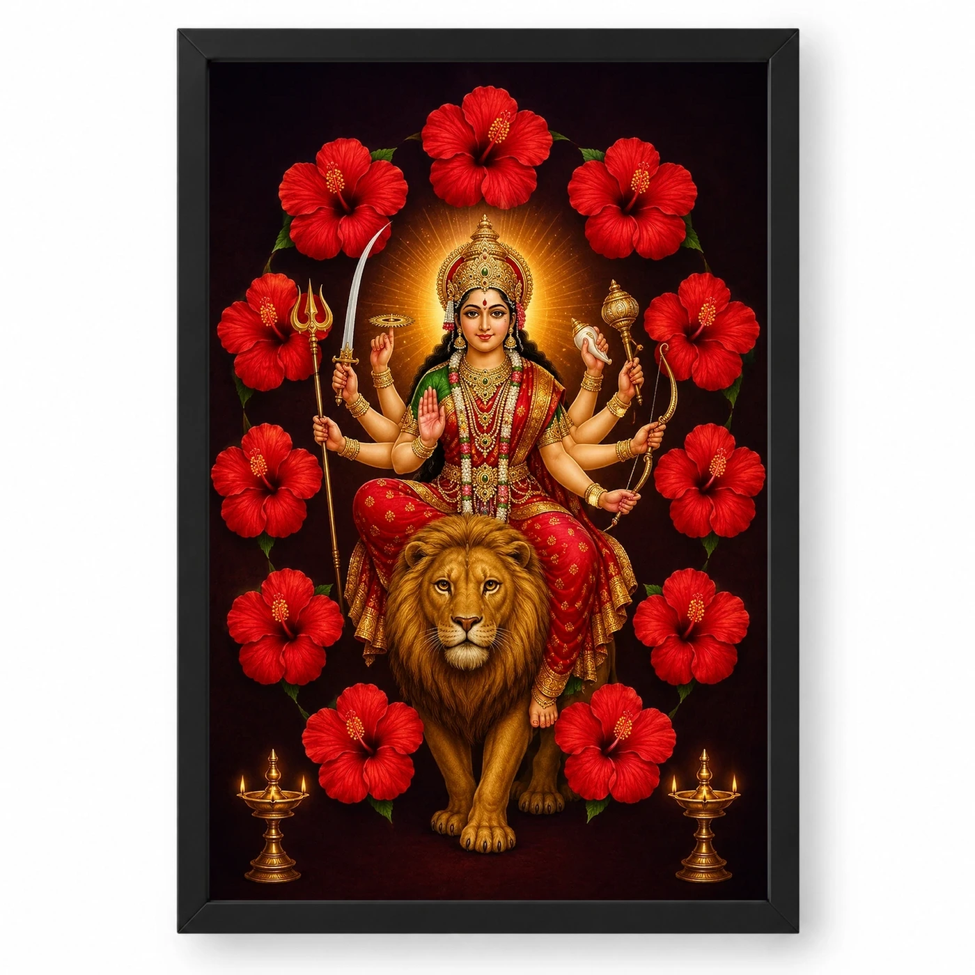 Durga Maa — Red Hibiscus Radiance Frame