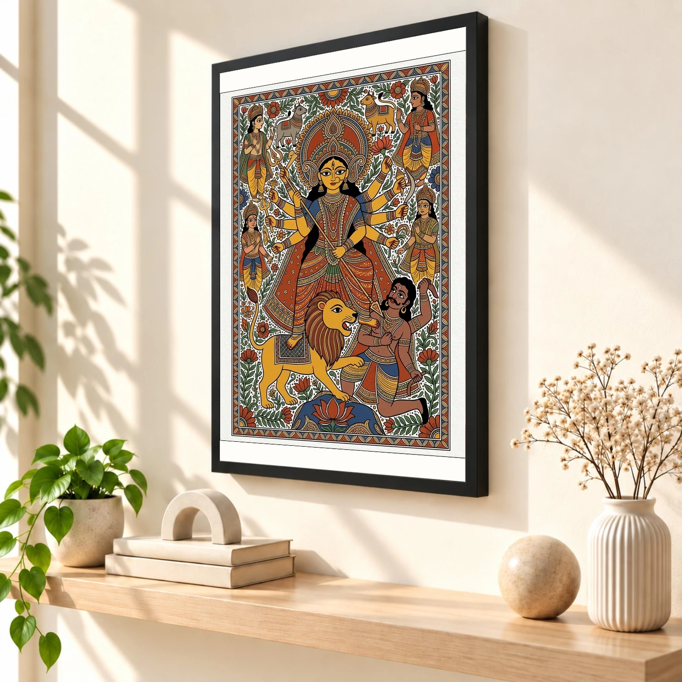 Durga Madhubani Folk Art Bihar Vibrant Traditional Painting Photo Frame, view 2
