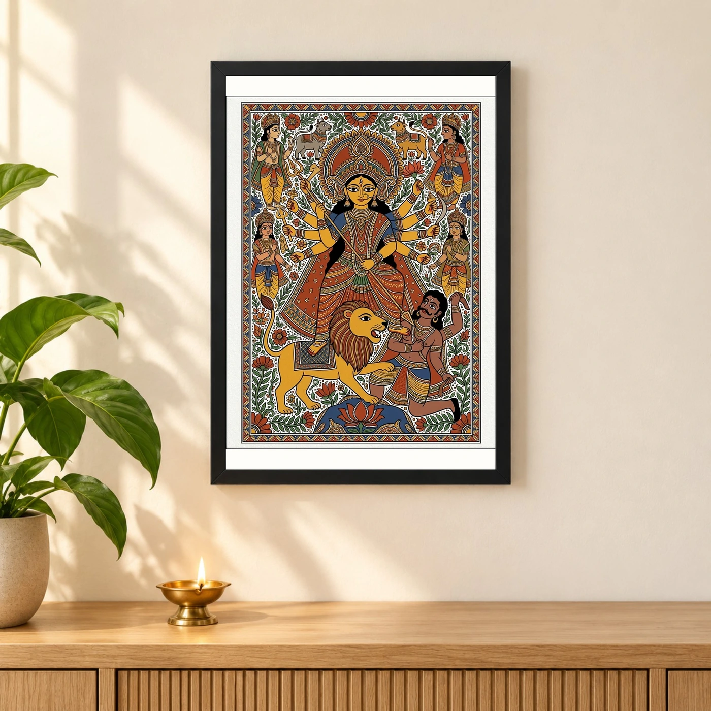 Durga Madhubani Folk Art Bihar Vibrant Traditional Painting Photo Frame, view 3