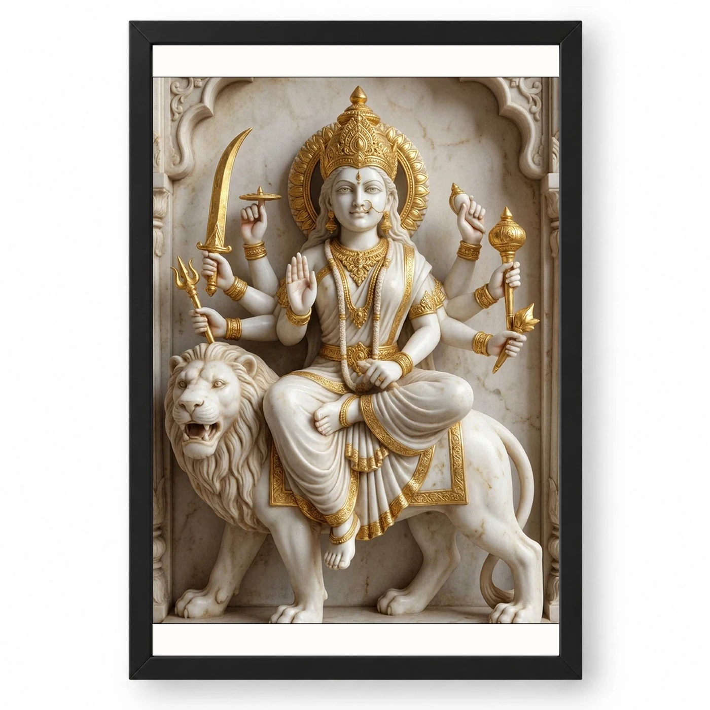 Durga Marble Sculpture White Gold Classical Divine Art Photo Frame