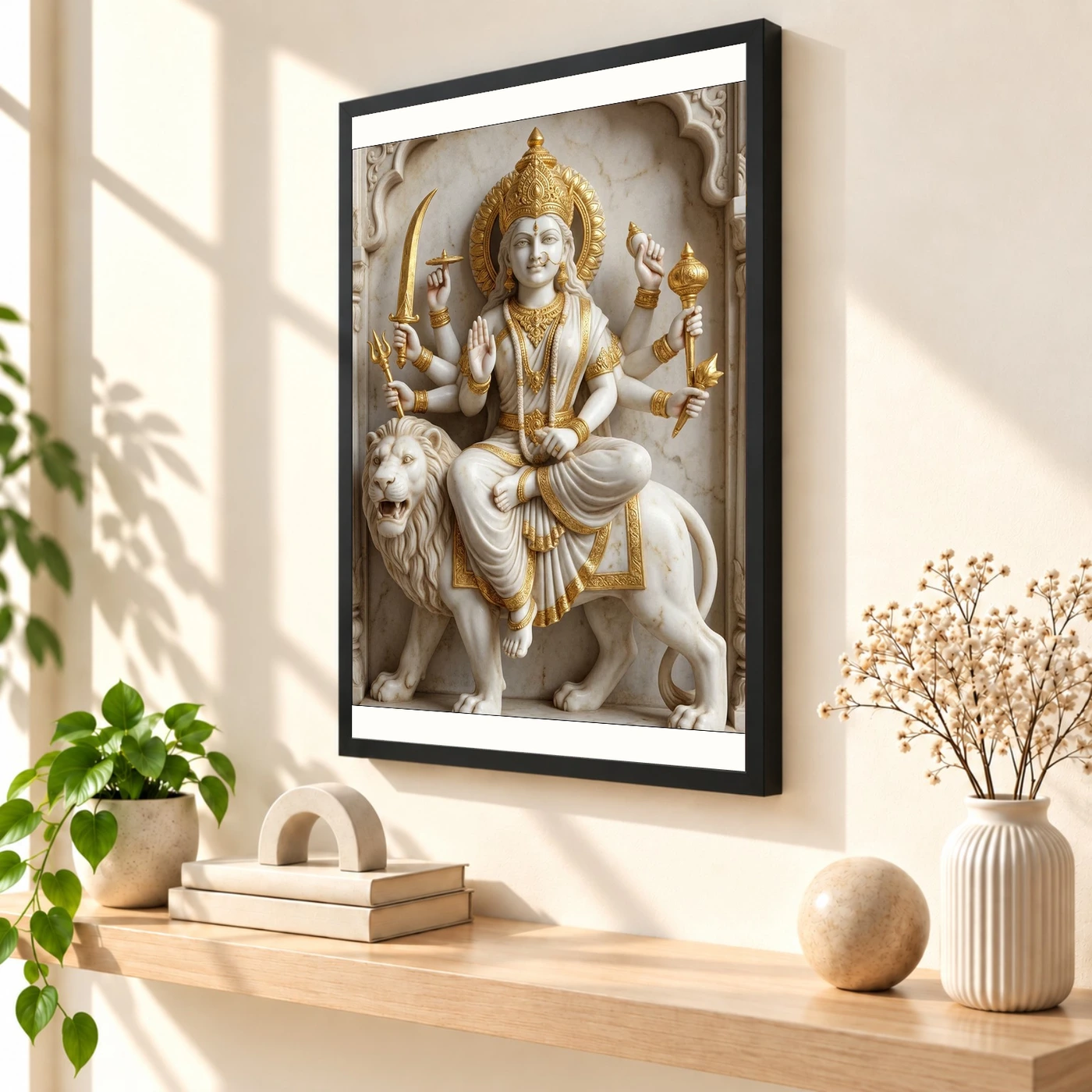 Durga Marble Sculpture White Gold Classical Divine Art Photo Frame, view 2