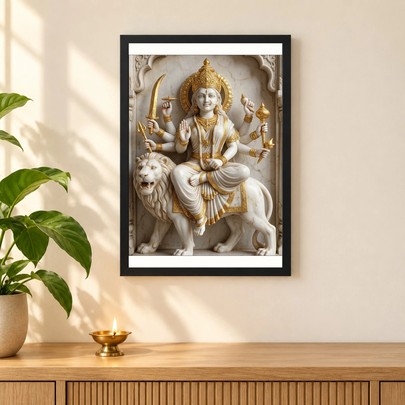 Durga Marble Sculpture White Gold Classical Divine Art Photo Frame, view 3