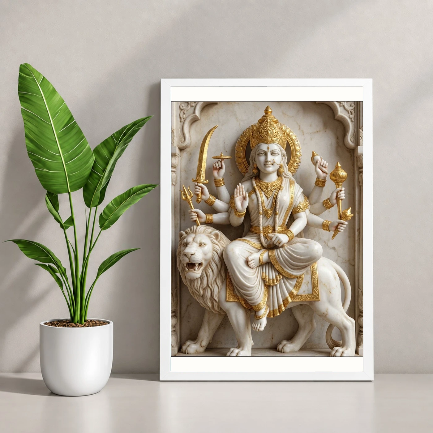 Durga Marble Sculpture White Gold Classical Divine Art Photo Frame, view 4