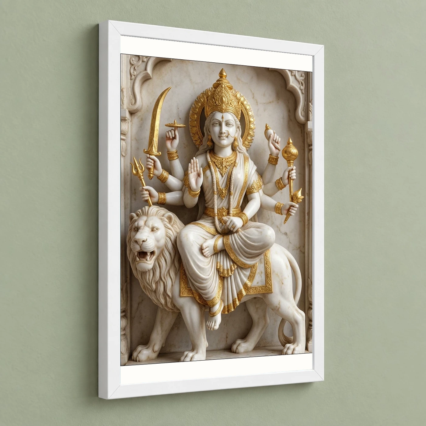 Durga Marble Sculpture White Gold Classical Divine Art Photo Frame, view 5