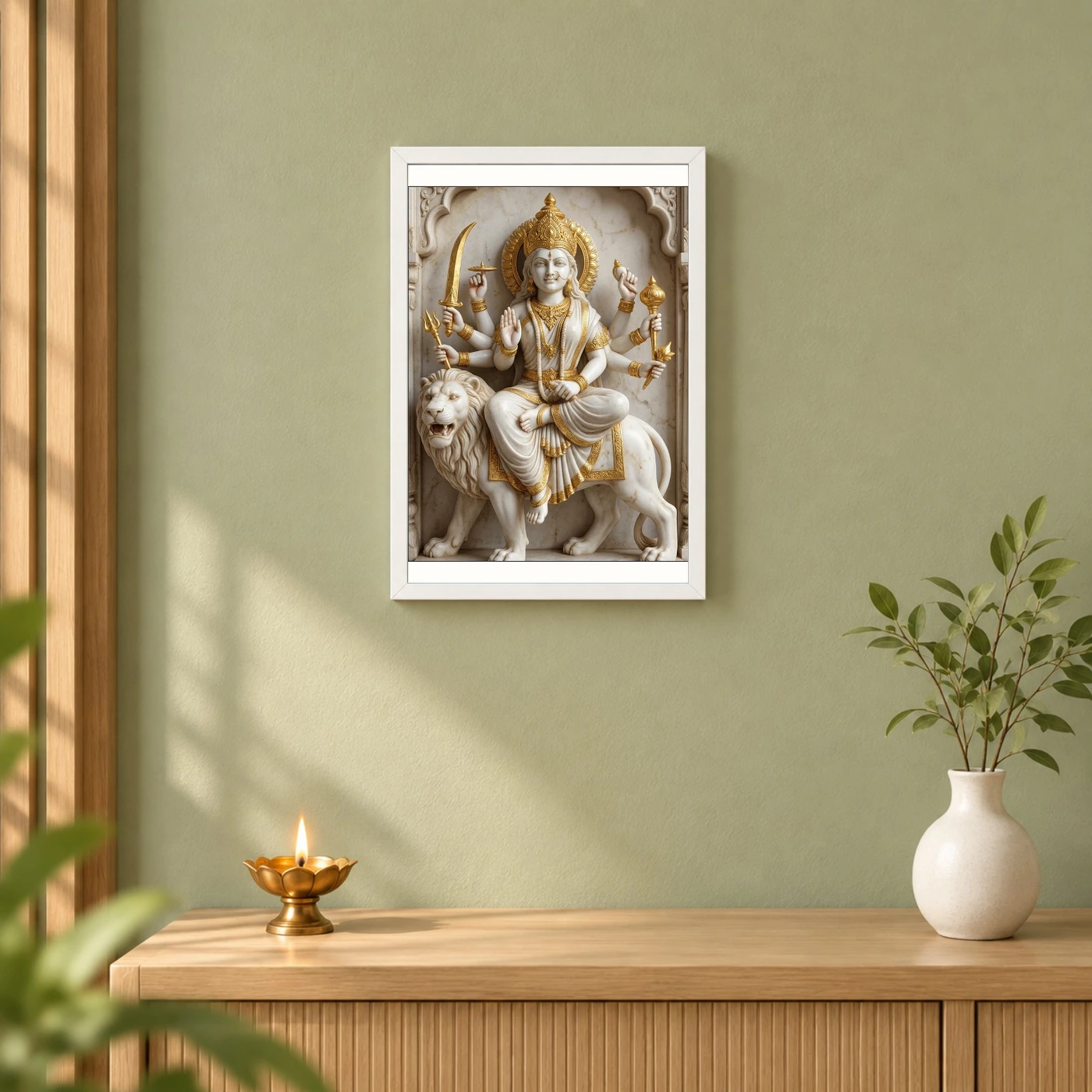 Durga Marble Sculpture White Gold Classical Divine Art Photo Frame, view 6