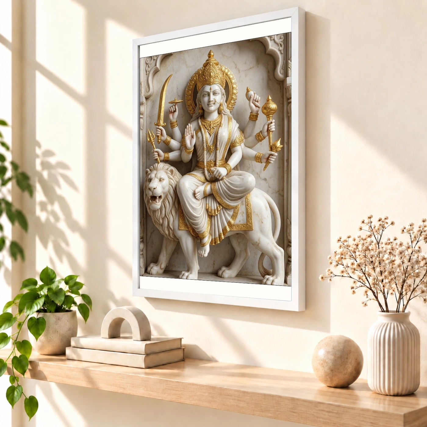 Durga Marble Sculpture White Gold Classical Divine Art Photo Frame, view 7