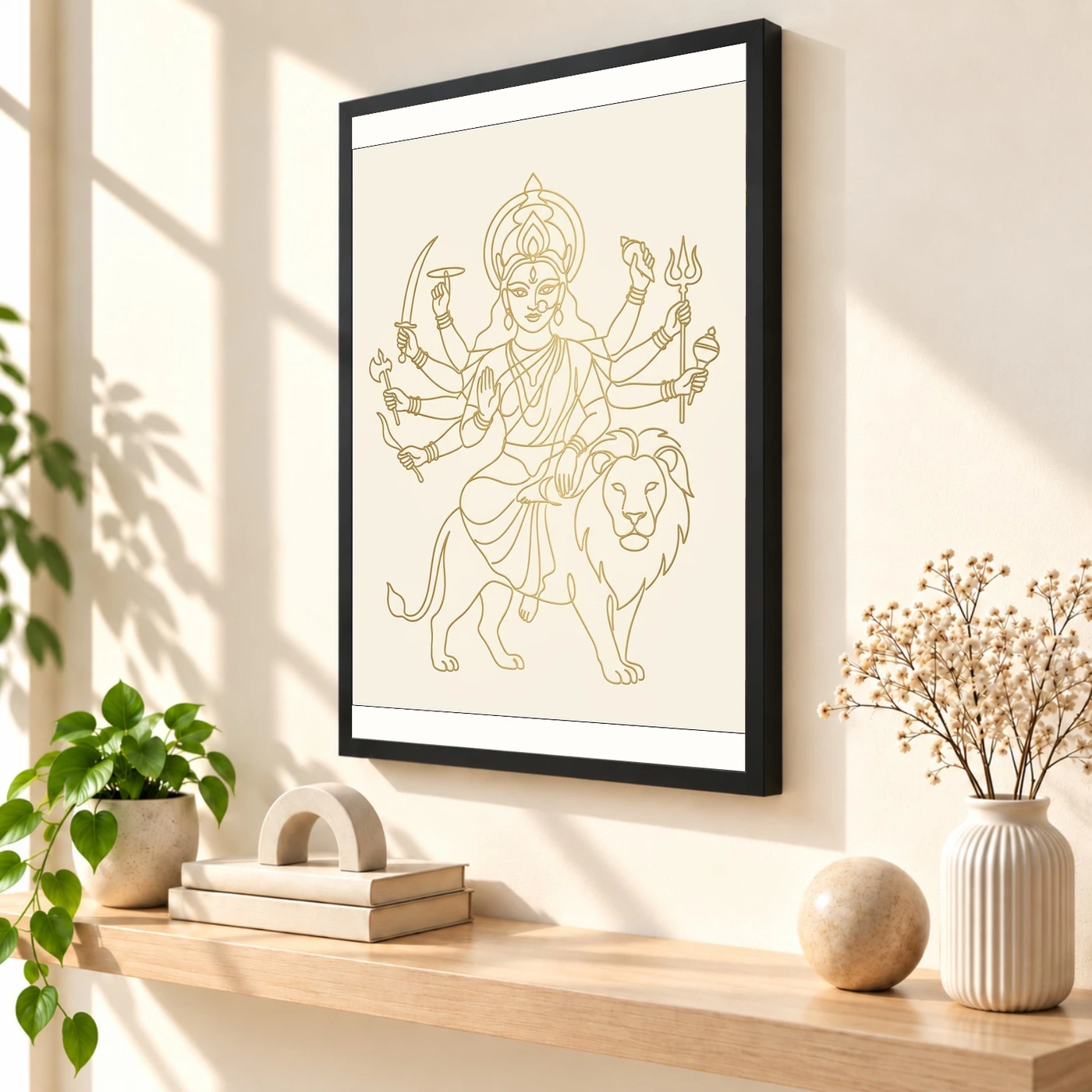 Durga Minimalist Line Art Gold Cream Luxury Modern Art Photo Frame, view 2
