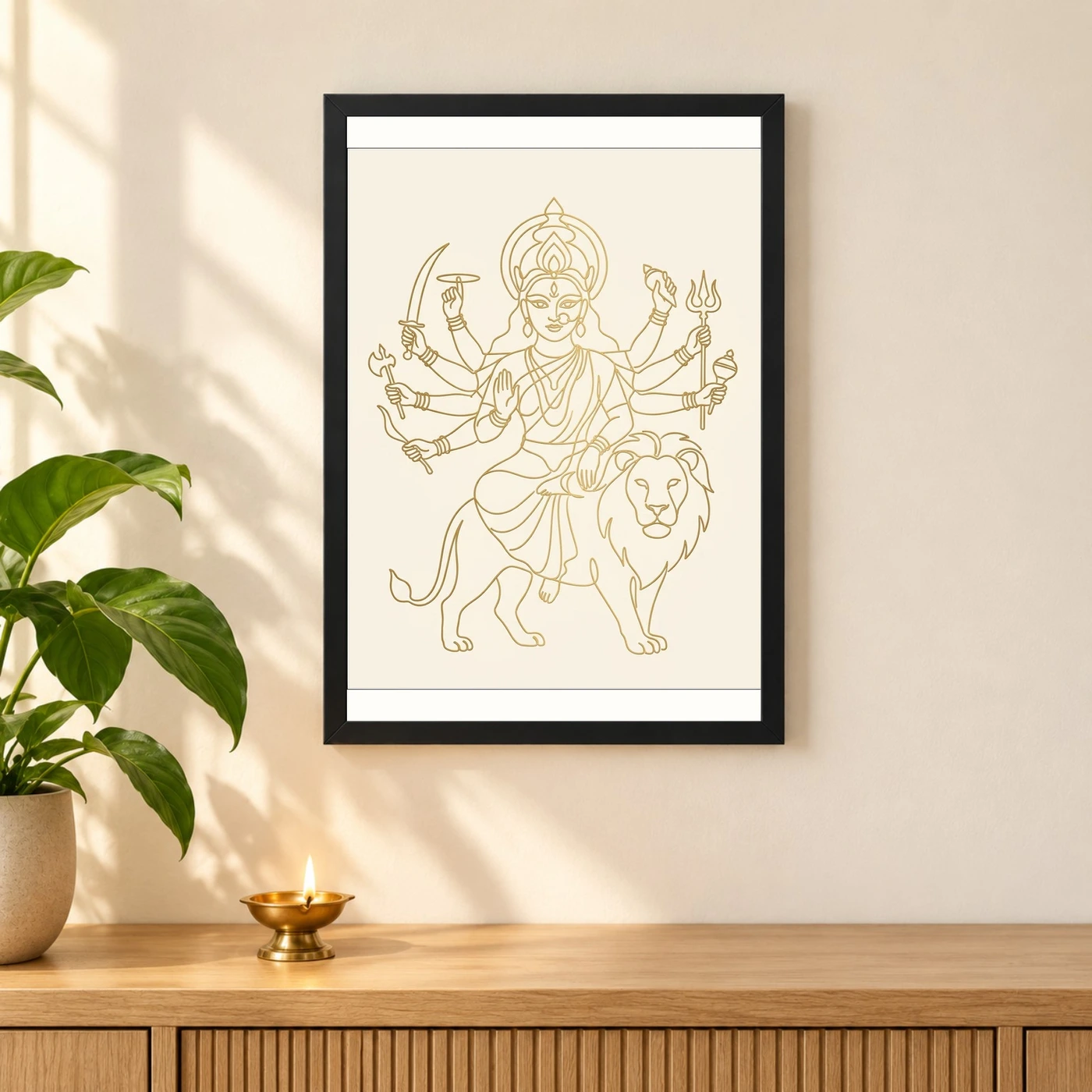 Durga Minimalist Line Art Gold Cream Luxury Modern Art Photo Frame, view 3