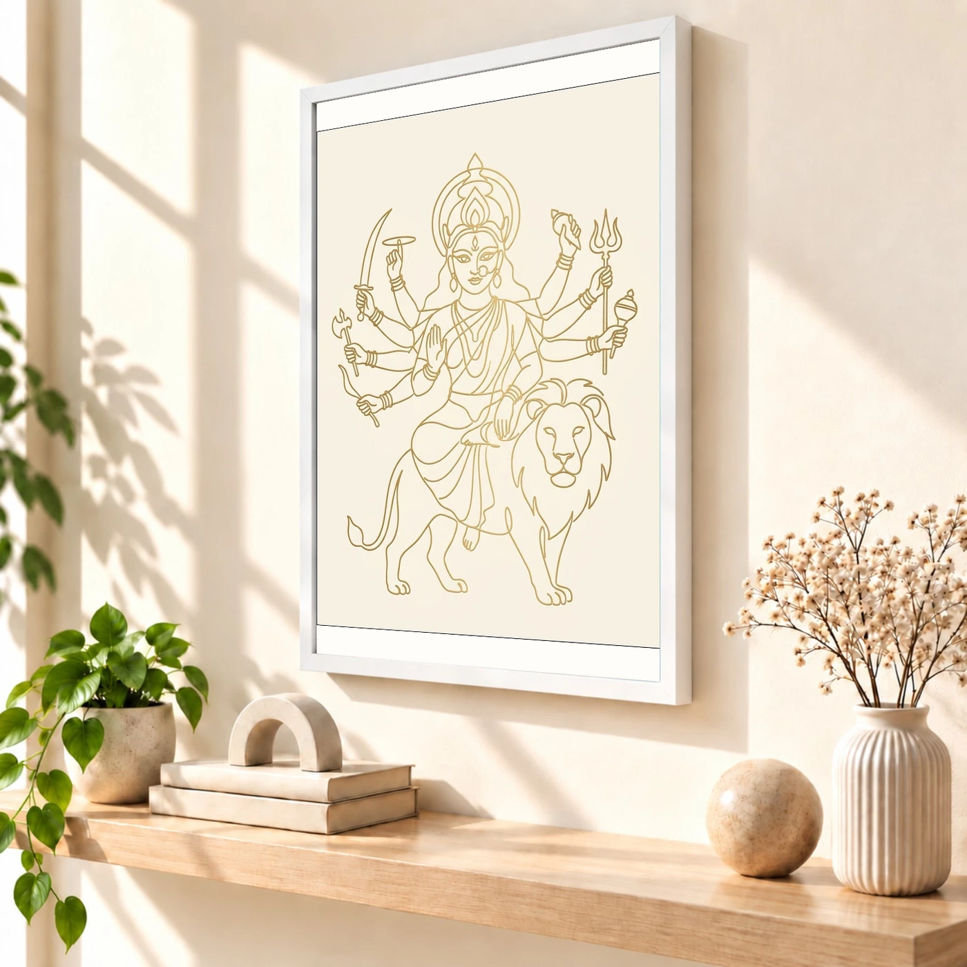 Durga Minimalist Line Art Gold Cream Luxury Modern Art Photo Frame, view 7