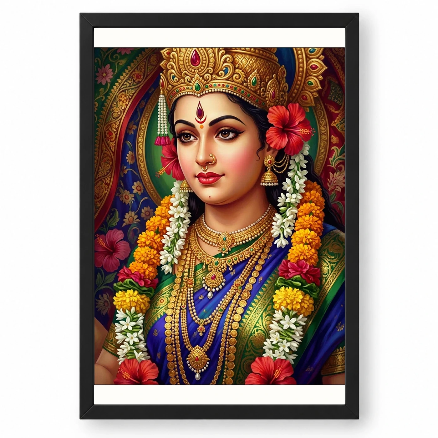 Durga Navratri Festival Portrait Gold Jewelry Flowers Art Photo Frame