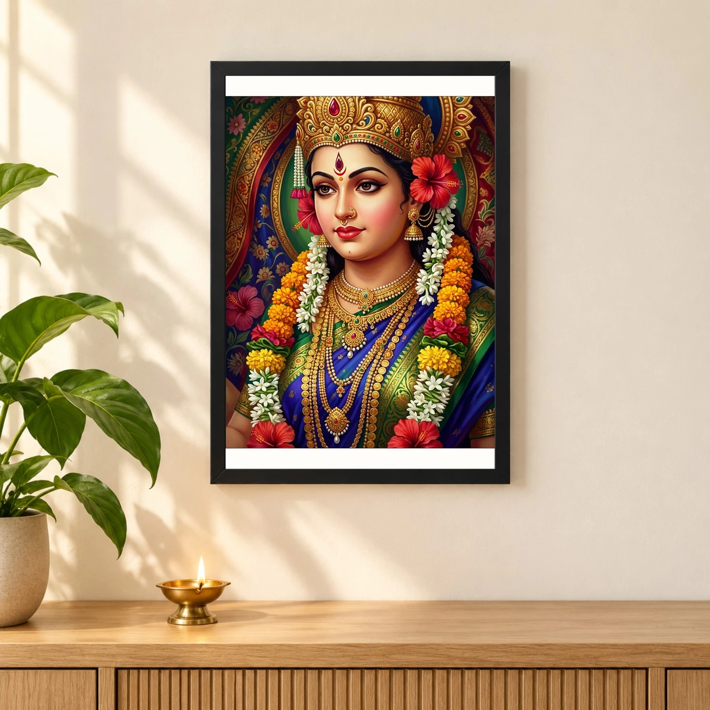 Durga Navratri Festival Portrait Gold Jewelry Flowers Art Photo Frame, view 3