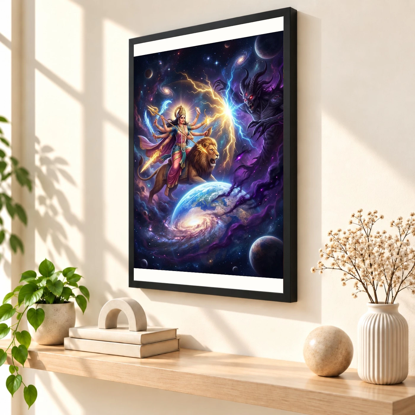 Durga Protecting Earth Demon Cosmic Battle Epic Art Photo Frame, view 2