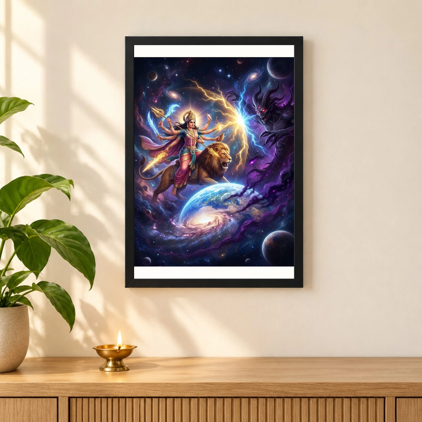 Durga Protecting Earth Demon Cosmic Battle Epic Art Photo Frame, view 3