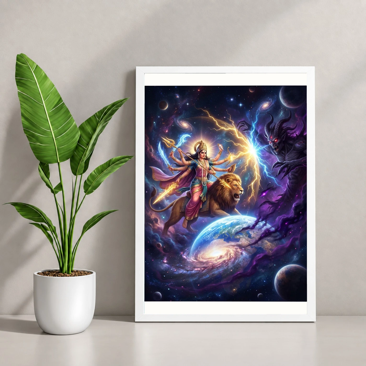 Durga Protecting Earth Demon Cosmic Battle Epic Art Photo Frame, view 4