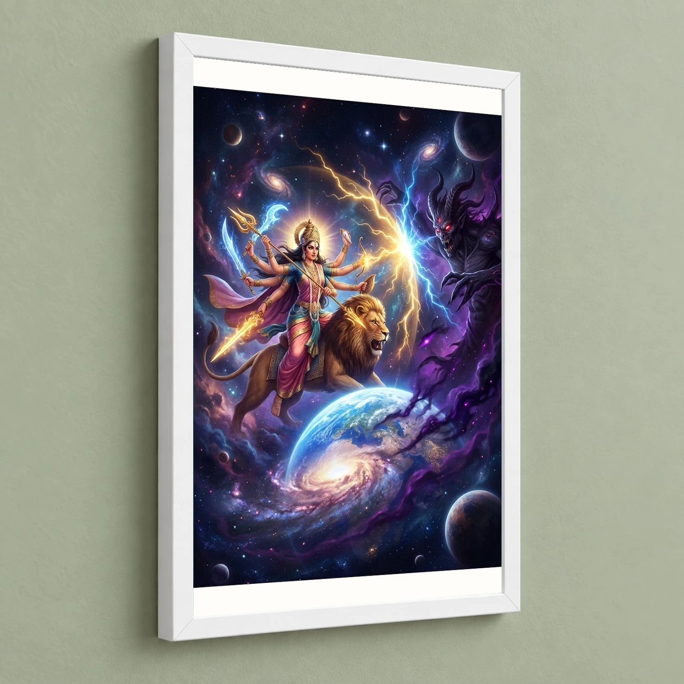 Durga Protecting Earth Demon Cosmic Battle Epic Art Photo Frame, view 5