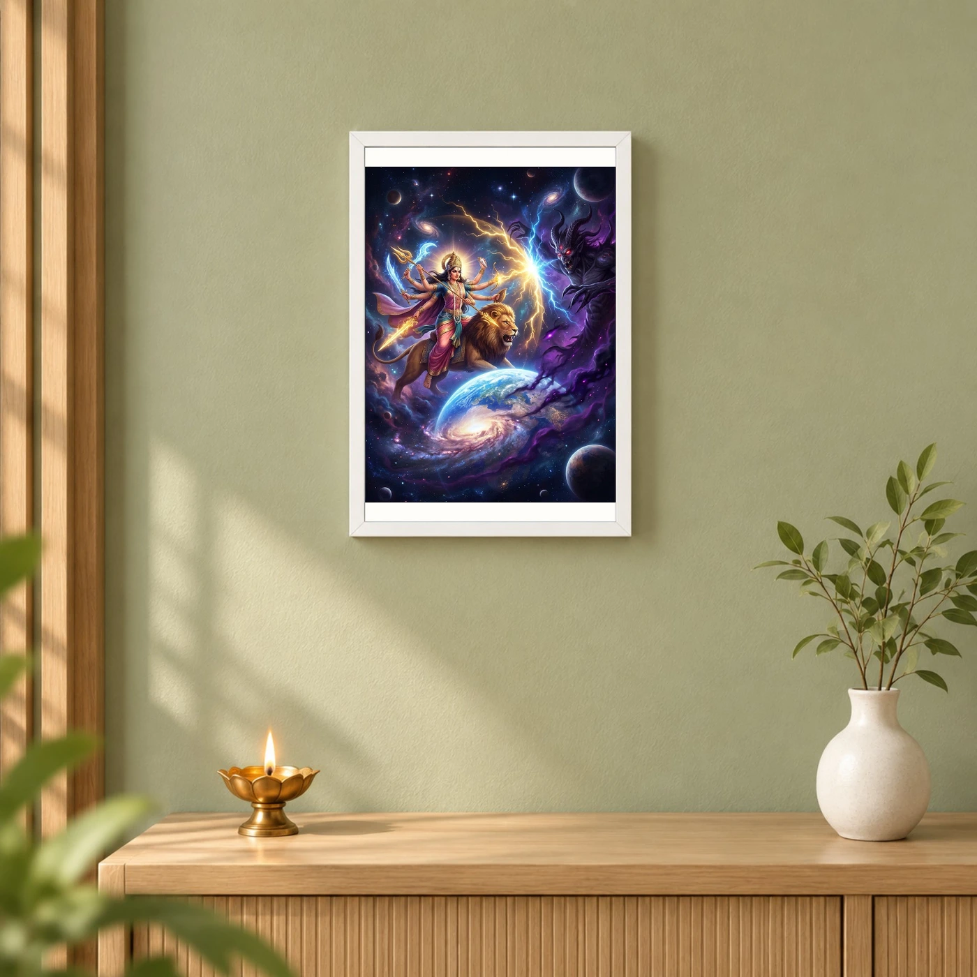 Durga Protecting Earth Demon Cosmic Battle Epic Art Photo Frame, view 6