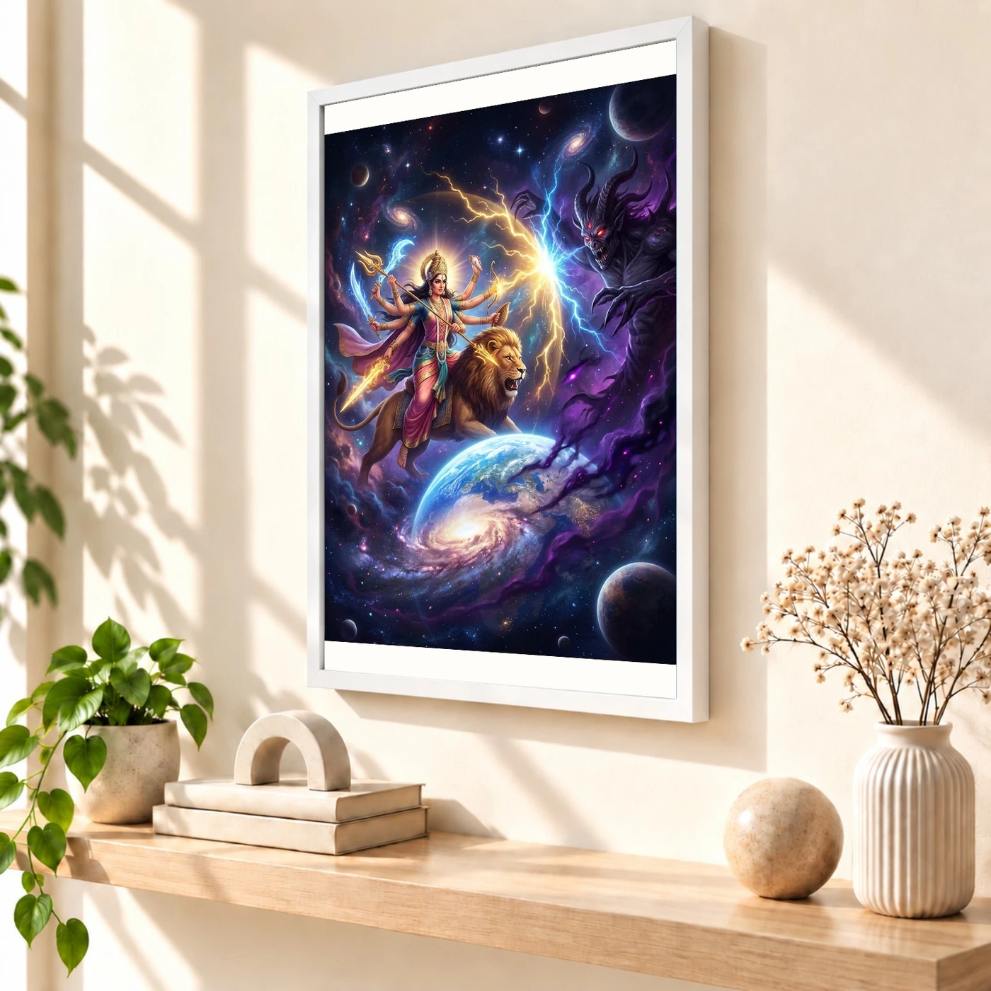Durga Protecting Earth Demon Cosmic Battle Epic Art Photo Frame, view 7