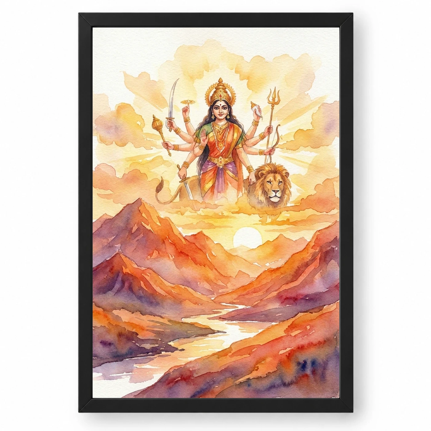 Durga Sunrise Mountain Powerful Morning Orange Watercolor Photo Frame