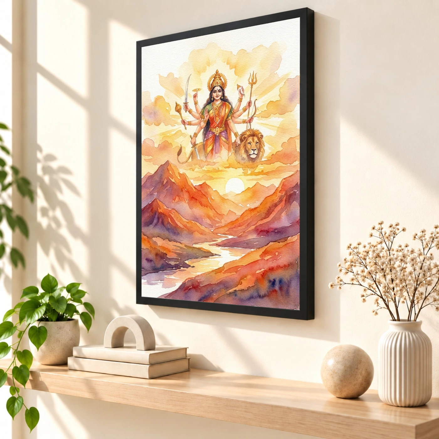 Durga Sunrise Mountain Powerful Morning Orange Watercolor Photo Frame, view 2