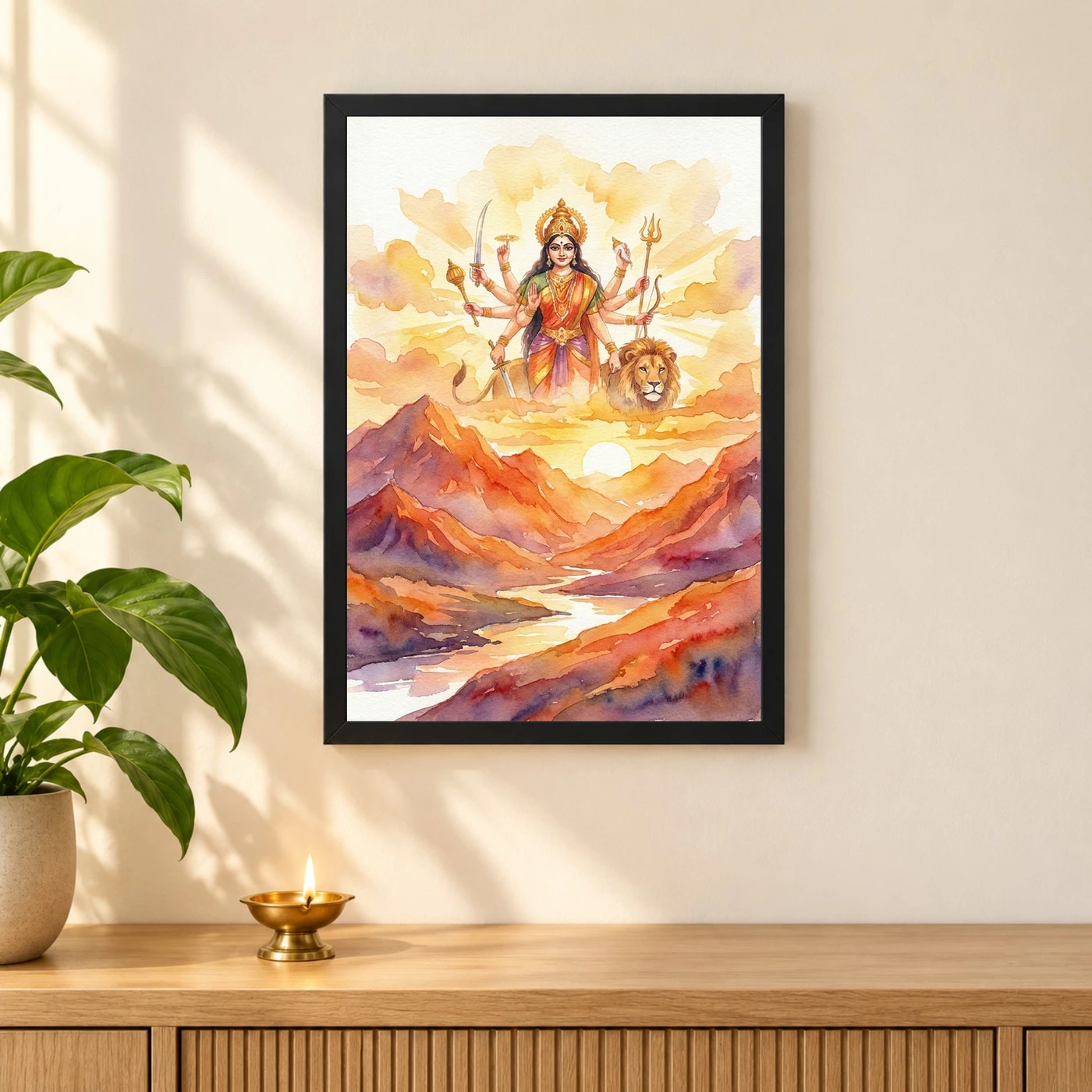 Durga Sunrise Mountain Powerful Morning Orange Watercolor Photo Frame, view 3