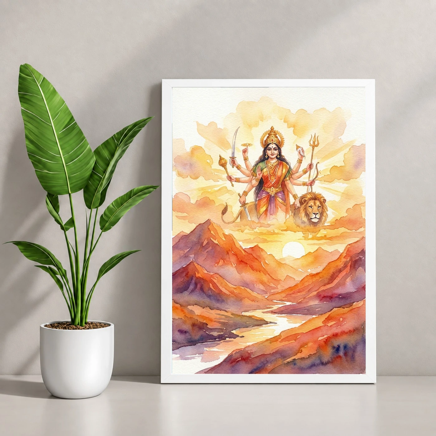 Durga Sunrise Mountain Powerful Morning Orange Watercolor Photo Frame, view 4