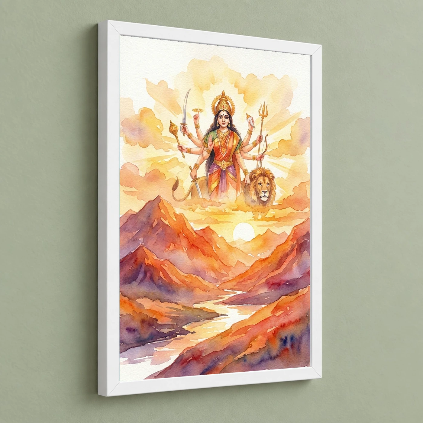 Durga Sunrise Mountain Powerful Morning Orange Watercolor Photo Frame, view 5