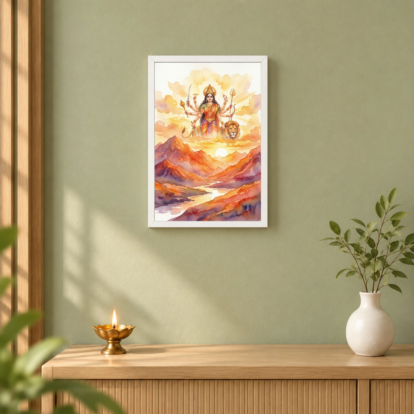 Durga Sunrise Mountain Powerful Morning Orange Watercolor Photo Frame, view 6