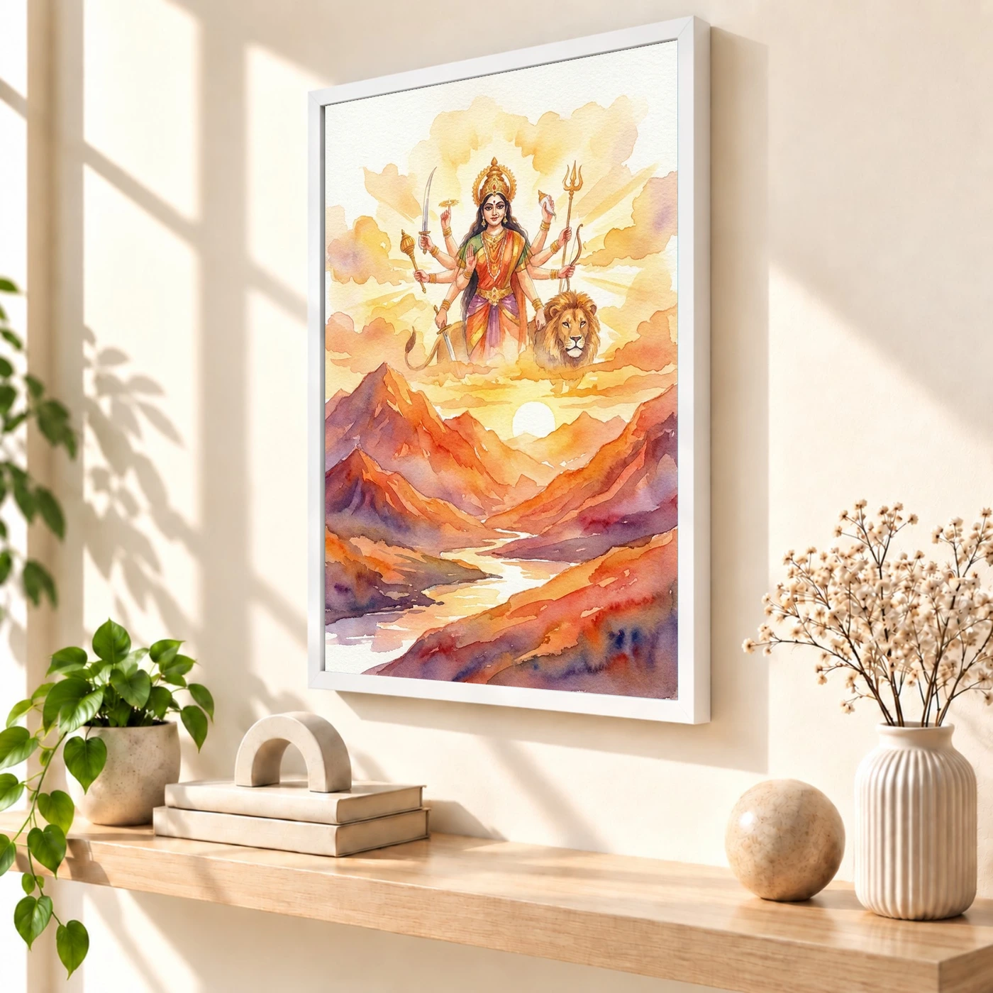Durga Sunrise Mountain Powerful Morning Orange Watercolor Photo Frame, view 7