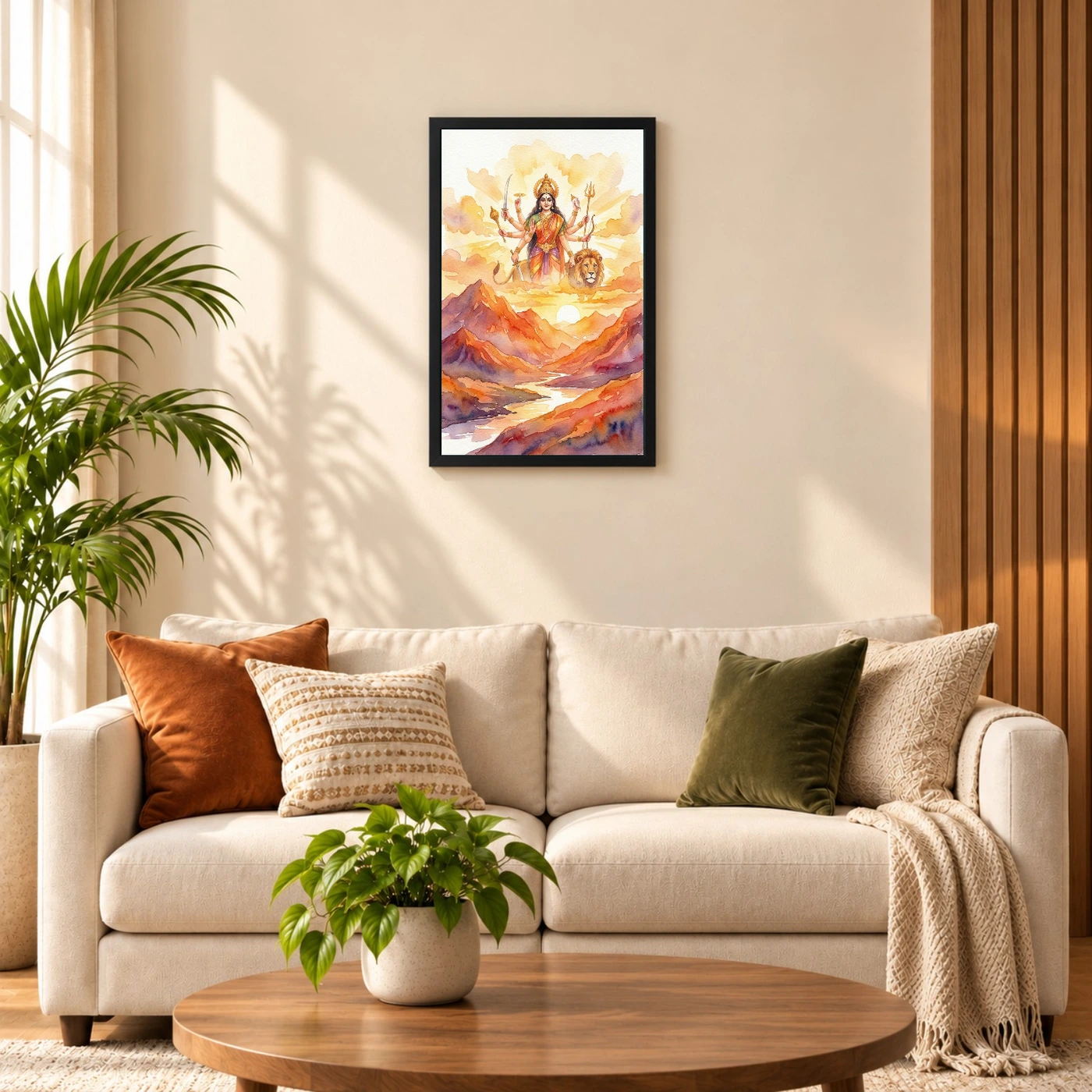 Durga Sunrise Mountain Powerful Morning Orange Watercolor Photo Frame, view 8