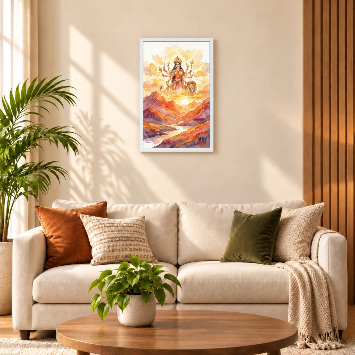 Durga Sunrise Mountain Powerful Morning Orange Watercolor Photo Frame, view 9