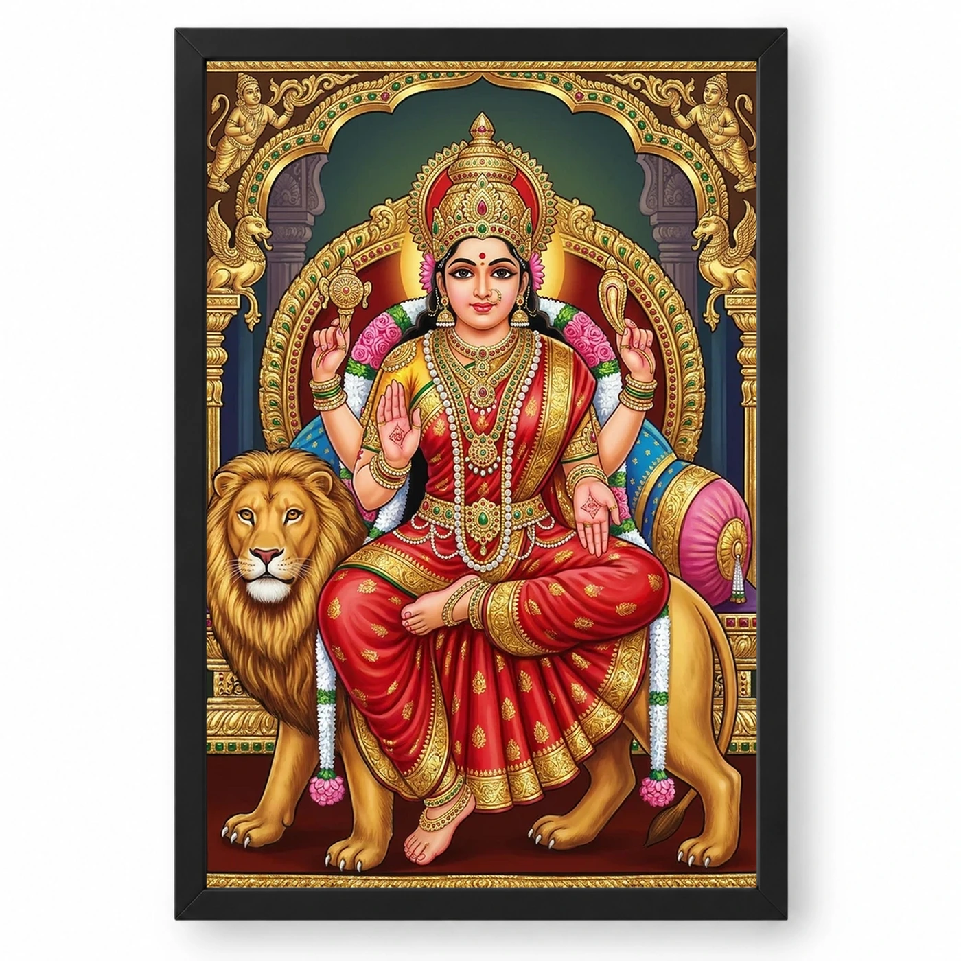 Durga Tanjore Painting Gold Jewels Red South Indian Art Photo Frame