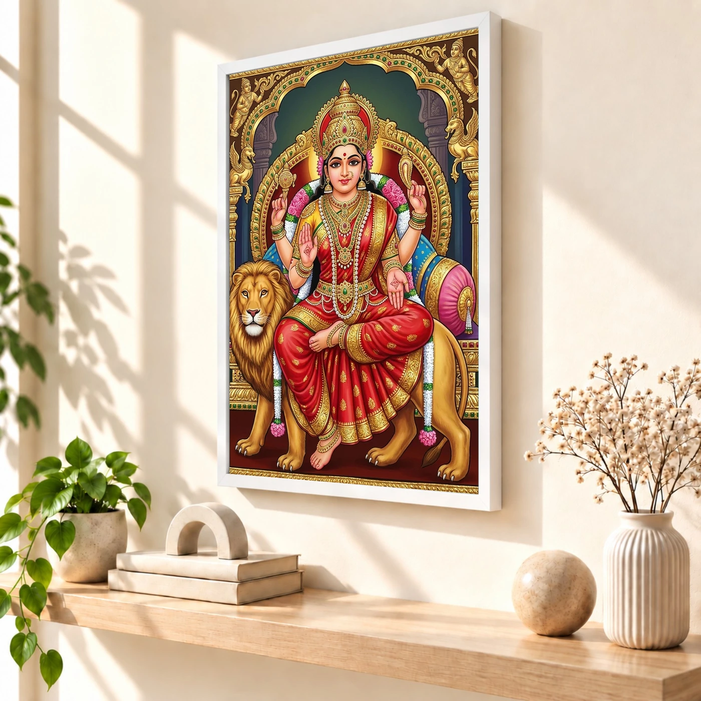 Durga Tanjore Painting Gold Jewels Red South Indian Art Photo Frame, view 7
