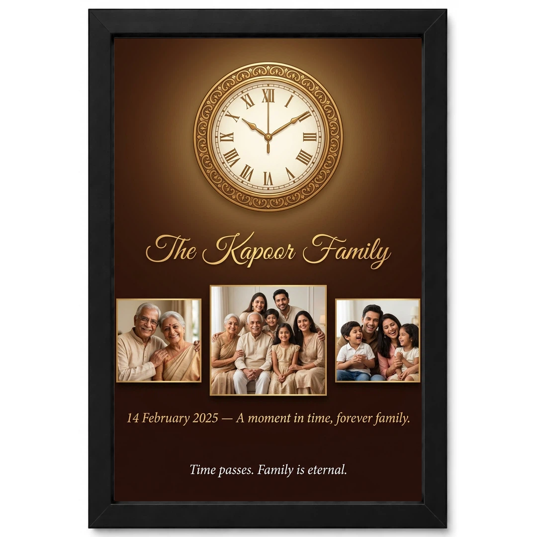 Family Photo Frame with Clock Elegant Classic Premium Wall Photo Frame
