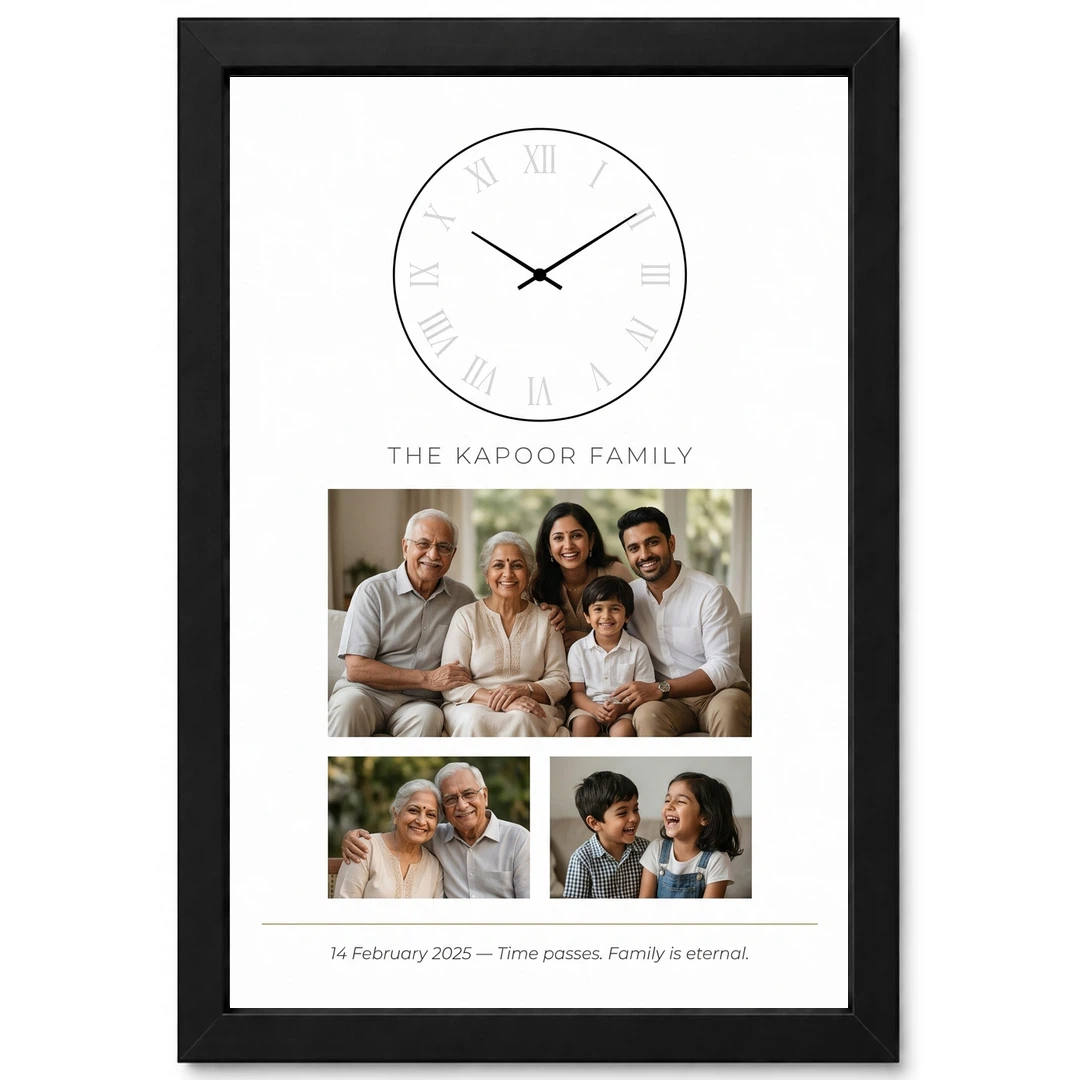 Family Photo Frame with Clock Rustic Wood Vintage Decor Photo Frame