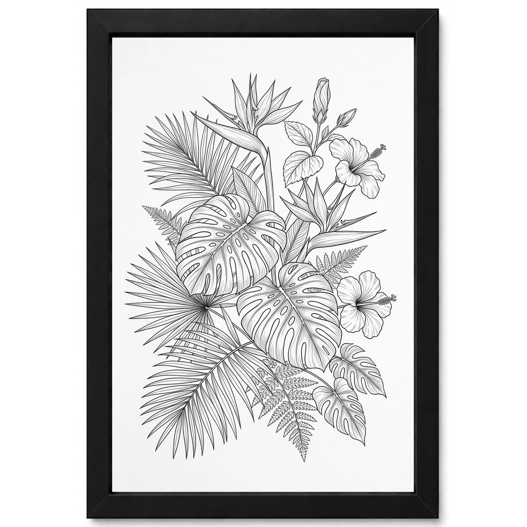 Fine Line Art Botanical Tropical Leaves Flowers Black White Art Photo Frame