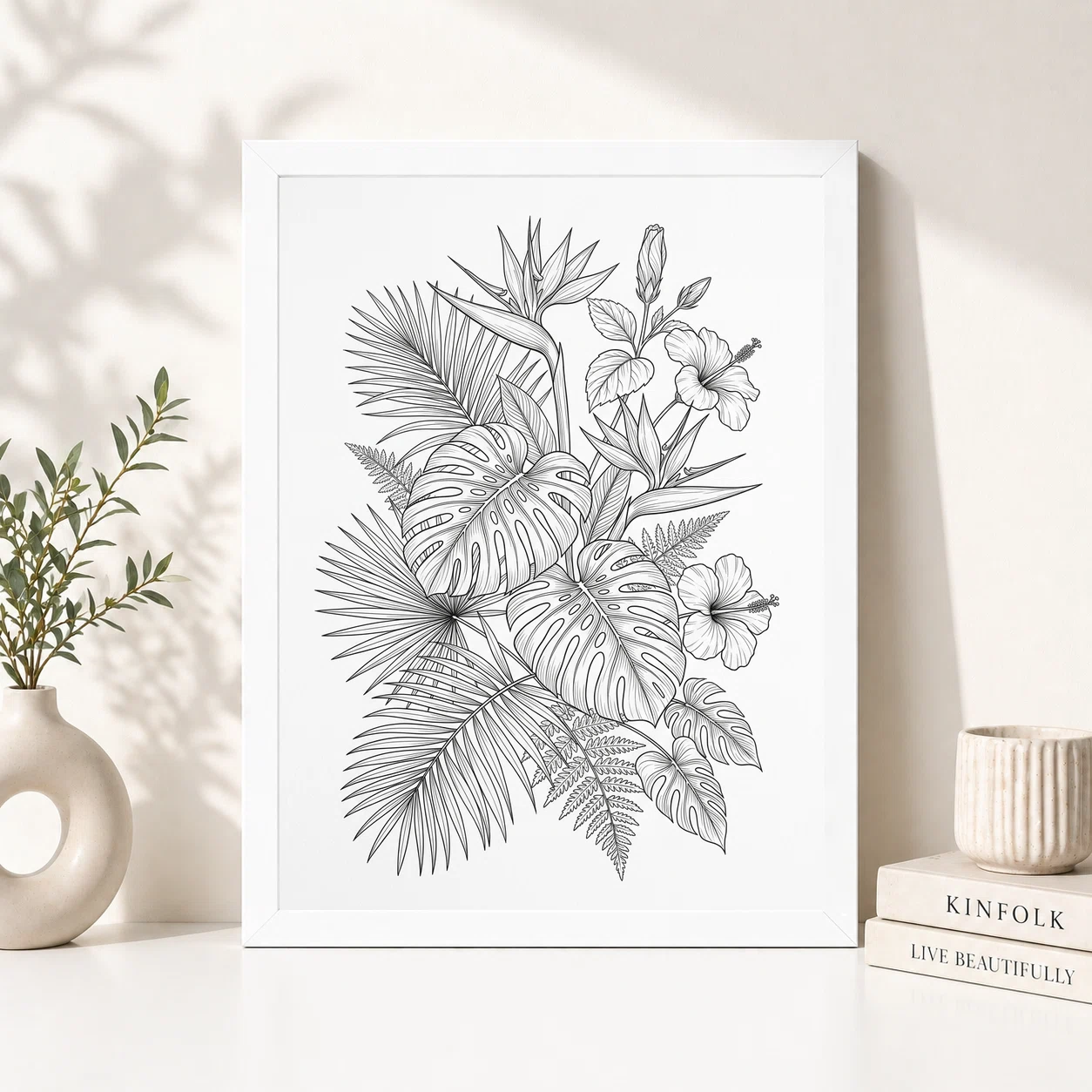 Fine Line Art Botanical Tropical Leaves Flowers Black White Art Photo Frame, view 2